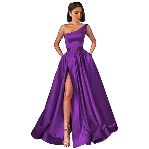 Women's One Shoulder High Slit Satin Corset Formal Gowns Evening Dress - Picture 1 of 5
